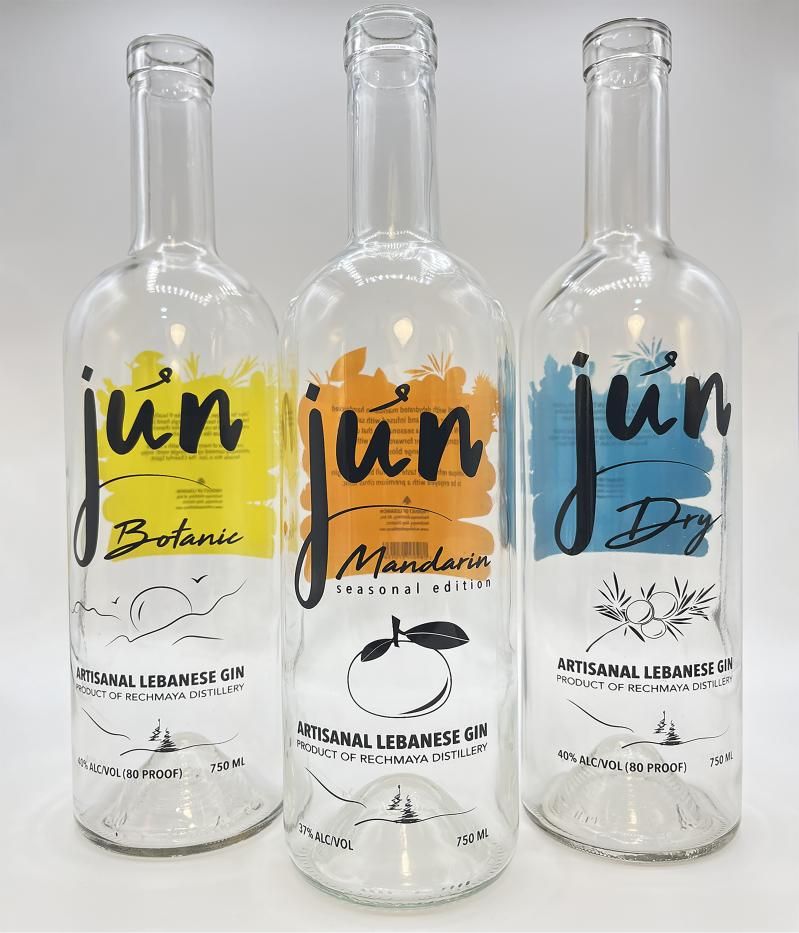 Jun artisanal Lebanese gin bottles, screen printed in multiple colours