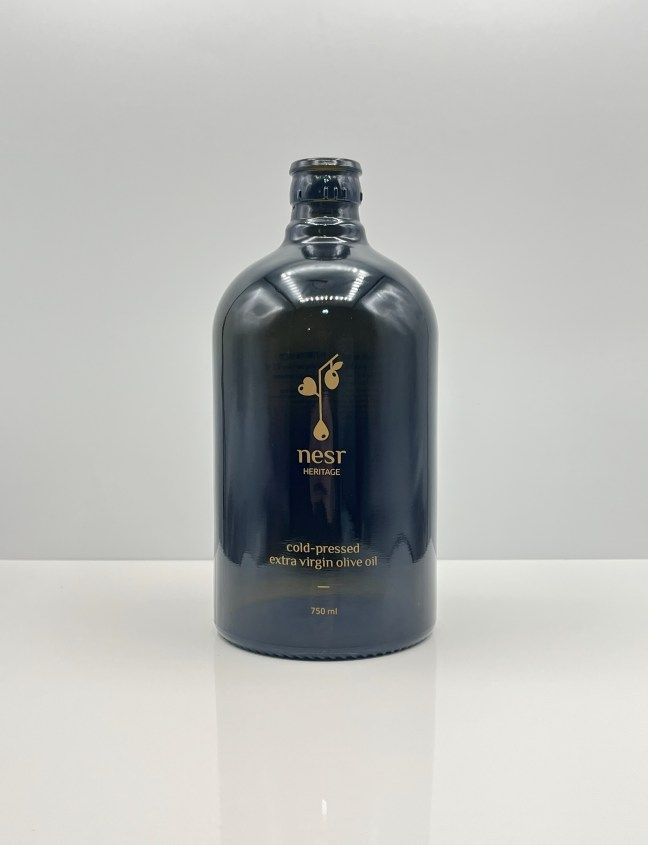 Nesr Heritage olive oil bottle, gold print on dark glass