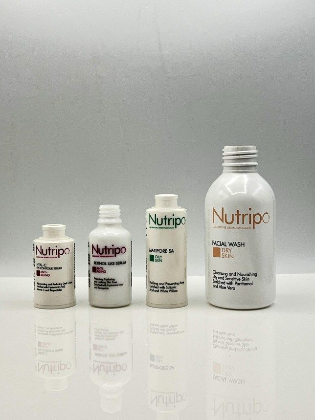 Nutripo derma range, white plastic bottles