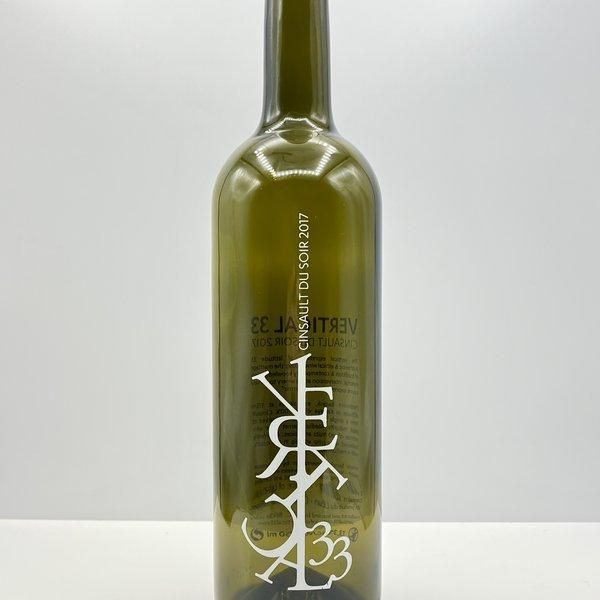 Vertical 33 wine bottle, white print on green glass