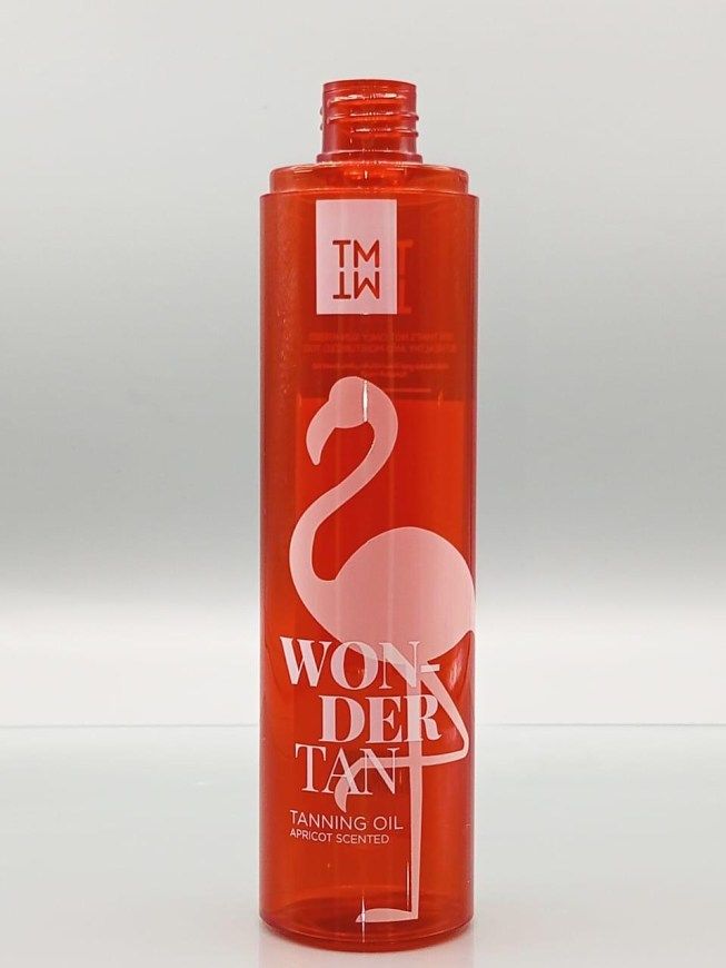 Wonder Tan tanning oil, red plastic bottle with flamingo print